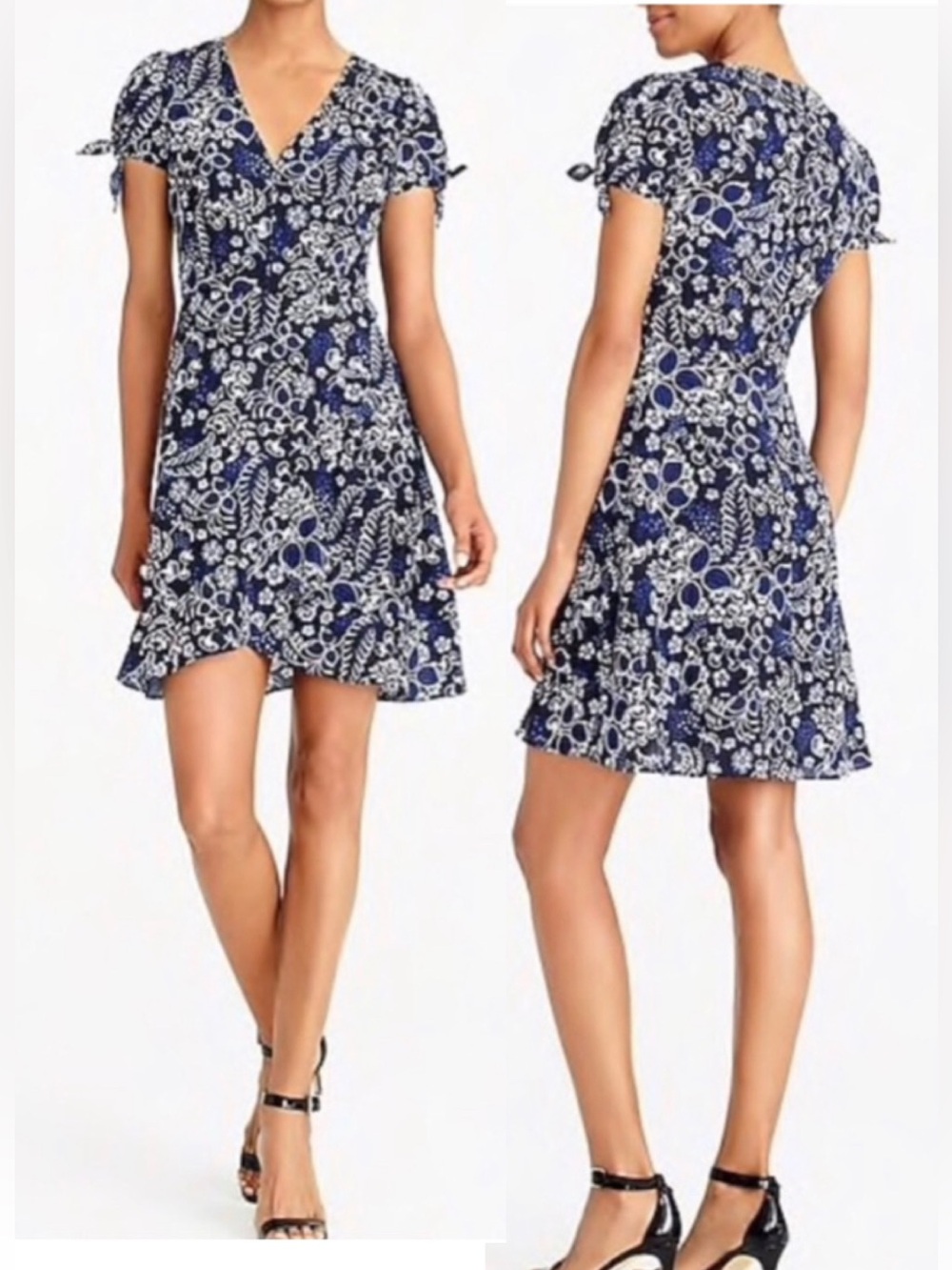 J.Crew Navy Floral Faux Wrap Mini Dress size 2 Tie Sleeve V-Neck